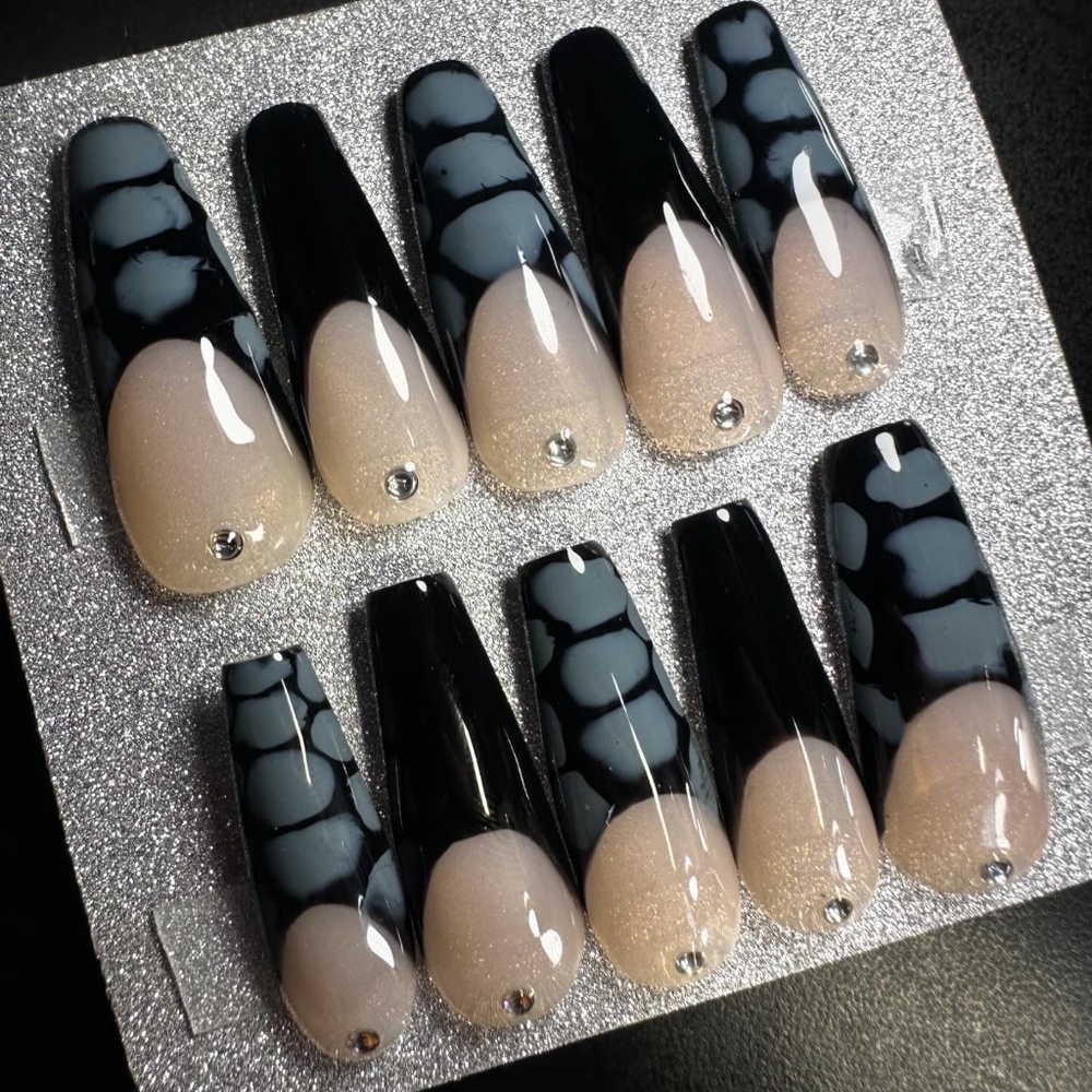 long coffin gray and black fresh tip crocodile handmade press on nails